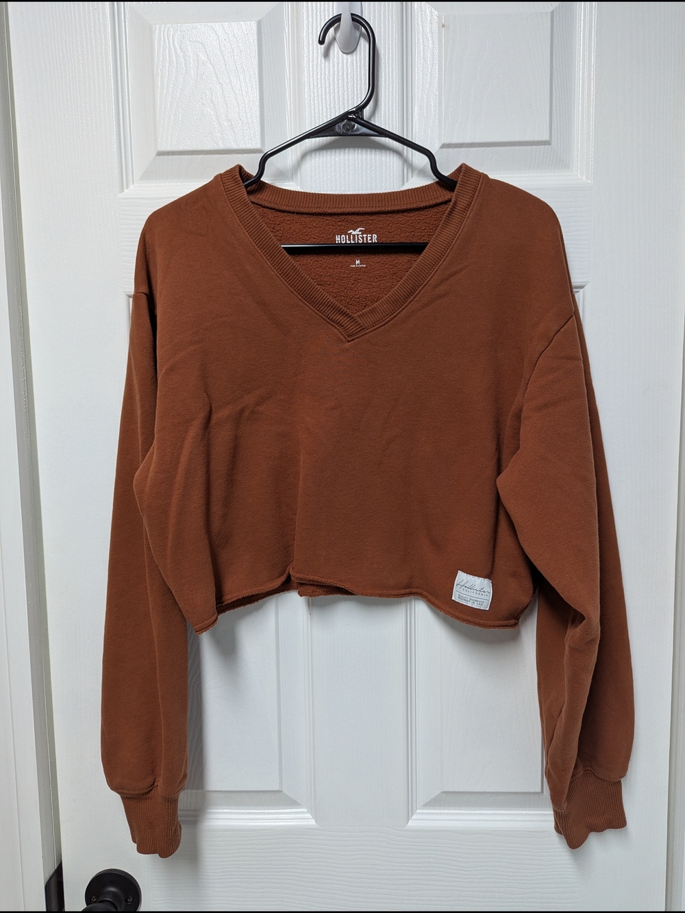 Hollister Cropped V-Neck Sweatshirt in Rust